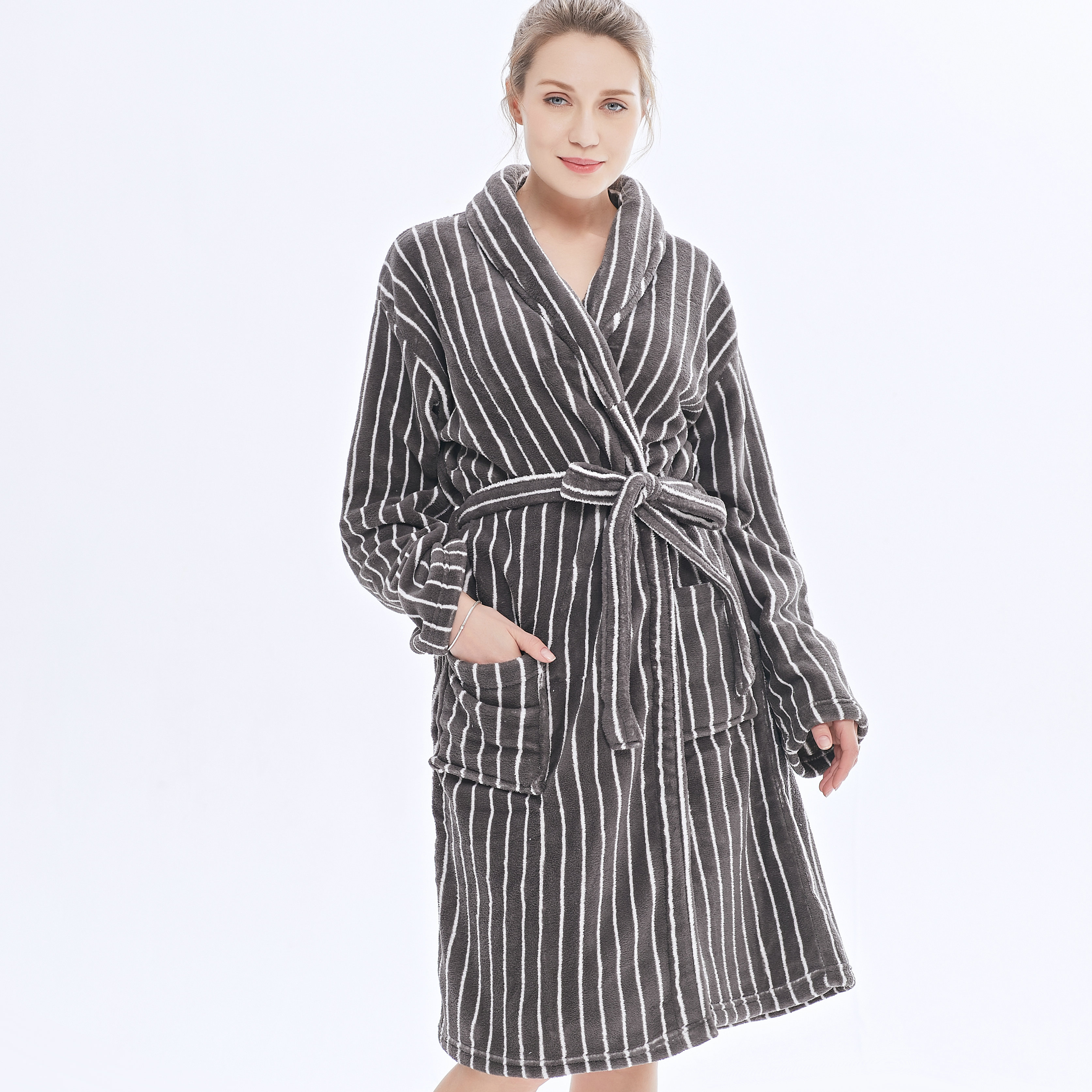 Flannel Fleece Couple Home Bathrobe Striped Design Bathrobe Factory